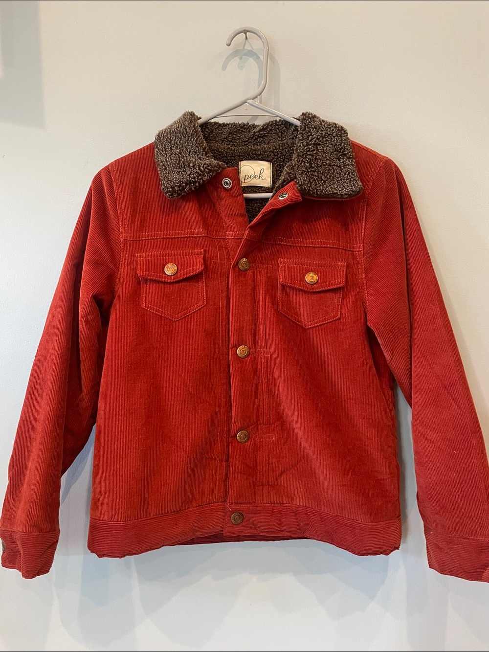 Peek brand  Rust Corduroy Jacket with Brown Sherpa Collar and lining like new